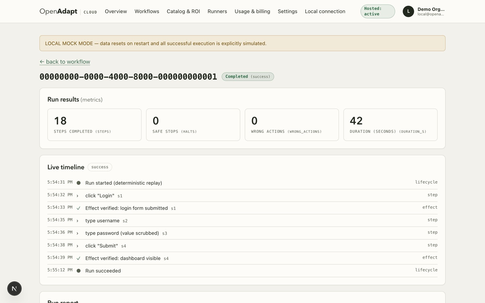 OpenAdapt Cloud run detail: 18 steps completed, 0 wrong actions, and a live timeline of verified effects.
