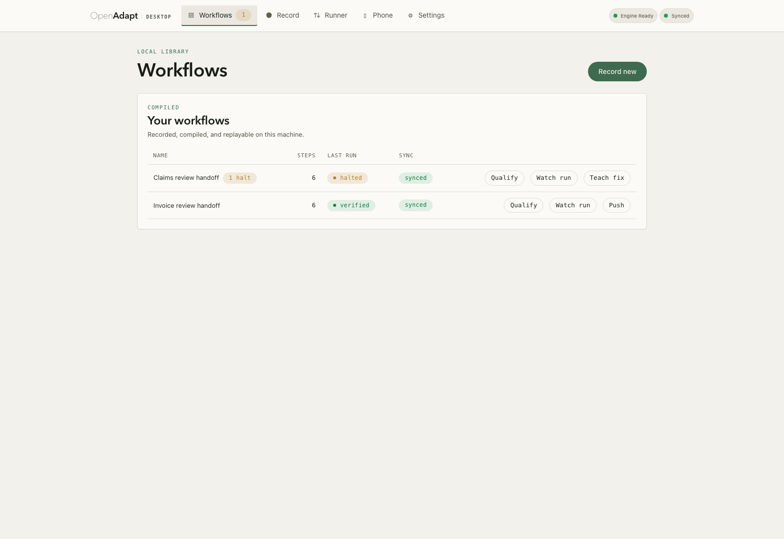 Synthetic Desktop workflow library with a six-step halted workflow and a six-step verified workflow.