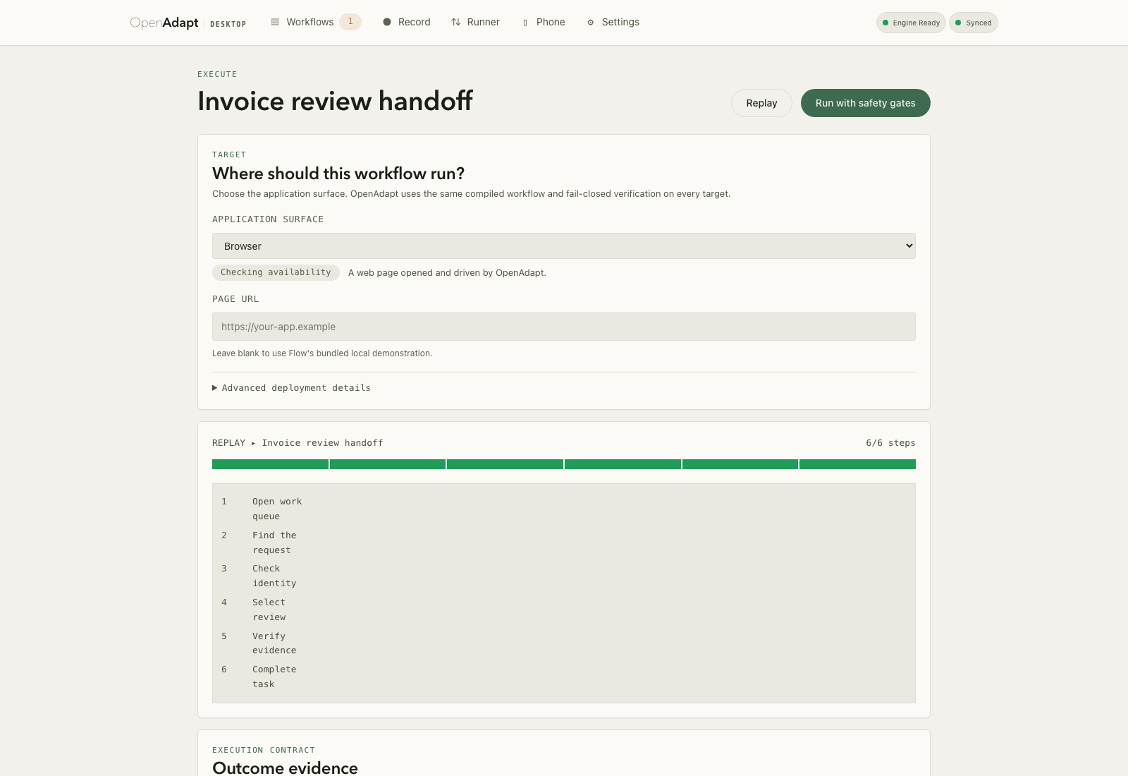 Synthetic Desktop six-step verified workflow with its evidence contract and zero model calls.